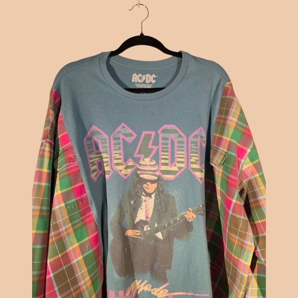 Upcycled AC/DC Women's Long Sleeve Graphic Tee - Blue and Pink - Picture 5 of 8